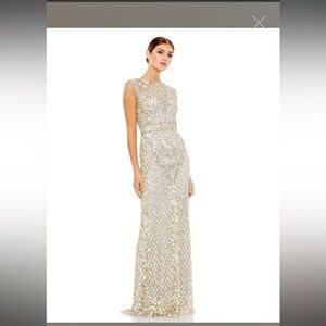MAC DUGGAL EMBELLISHED BEADED SEQUINED FRINGE CAP SLEEVE GOWN SZ 8 Platinum Gold